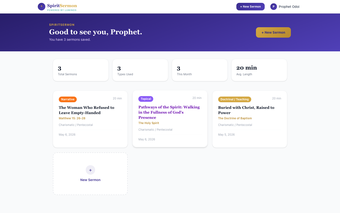 SpiritSermon dashboard — your sermon library with stats